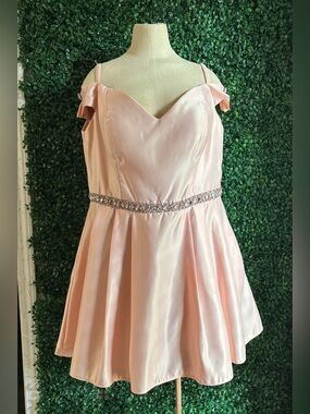 Vintage 90s Pink Satin Homecoming Dress Rhinestone Waist Off Shoulder